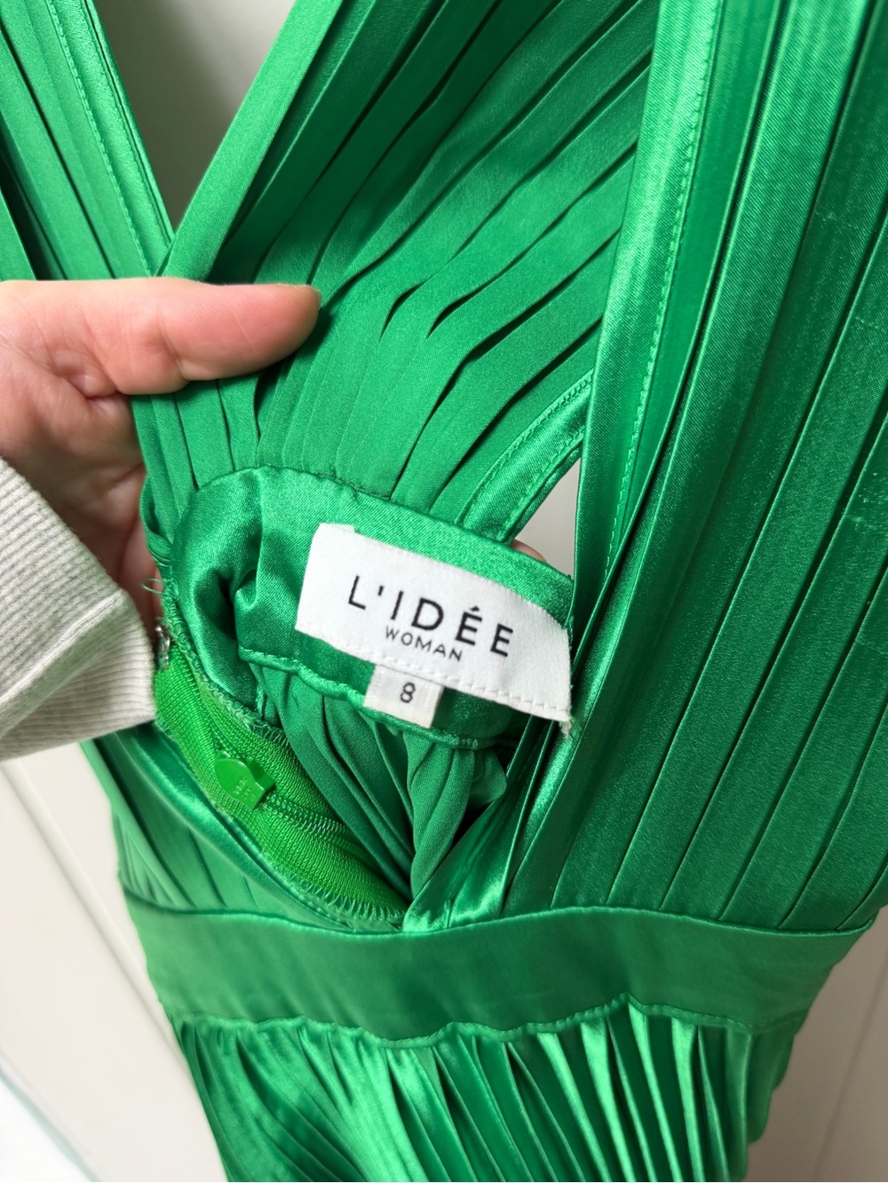 L’Idee Emerald Pleated Deep V-Neck Gown - Picture 3 of 6